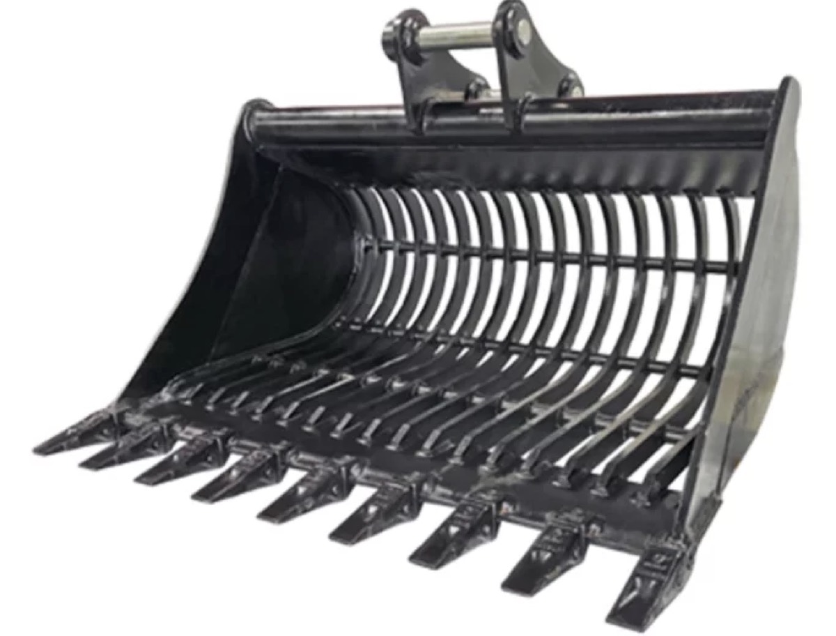 Rake bucket to suit 8T Excavator ; 65mm x 295mm gaps; 50mm pins; 200mm ibe and 305mm cp to cp for hire at PSG Plant Hire