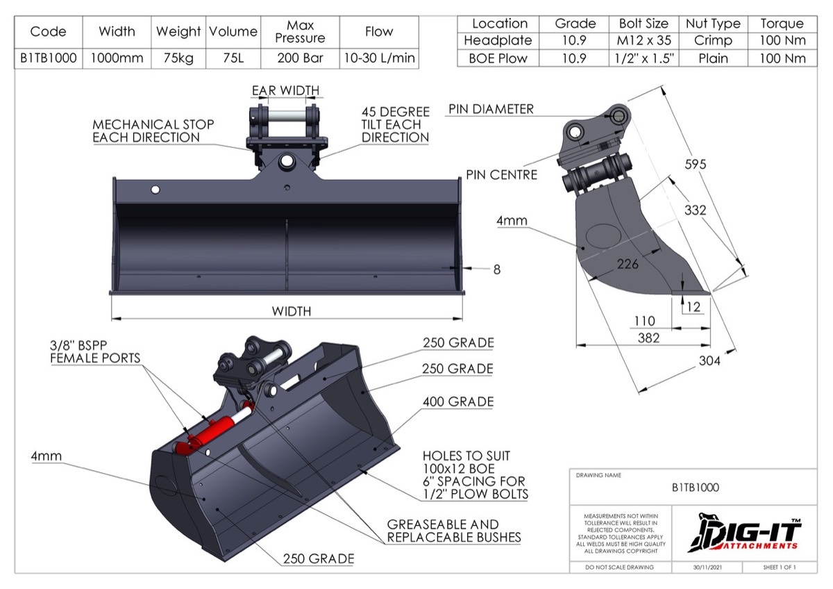 Tilt Batter Bucket to suit 1.7T Excavator (with 30mm pins). Additional photo