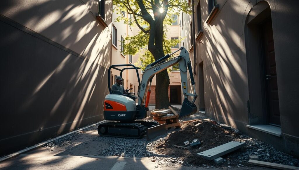 mini excavator in tight space